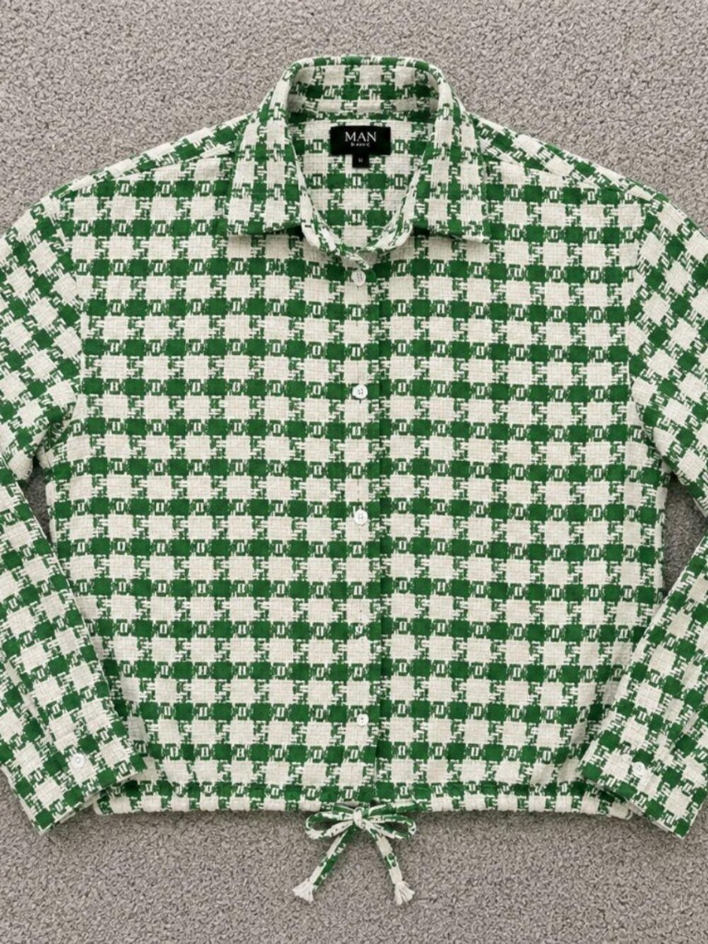 BoohooMAN Green & White Textured Check Overshirt Size